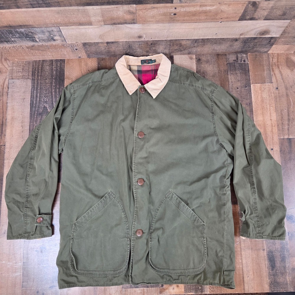J Crew Field Jacket Utility‎ Barn Coat Army Green Plaid Lined XXL 2XL Vintage